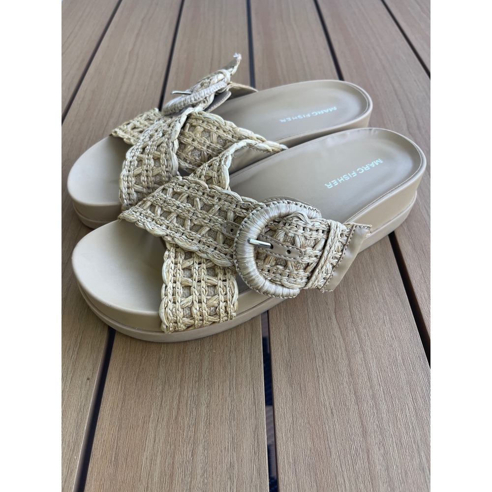 Marc Fisher Welti Tan Woven Raffia Platform Chunky Slide Sandals Size 8M